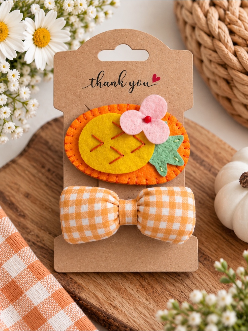 Pineapple Hair Clip Set for Girls Orange Gingham Bow & Felt Pineapple Clip - Picture 6 of 7